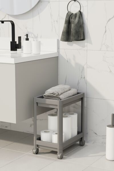 HOMENIVA 2 Katlı Tekerlekli Banyo Rafı, Tuvalet Kağıtlık, Havluluk, Deterjanlık, Makyaj Organizer Gri