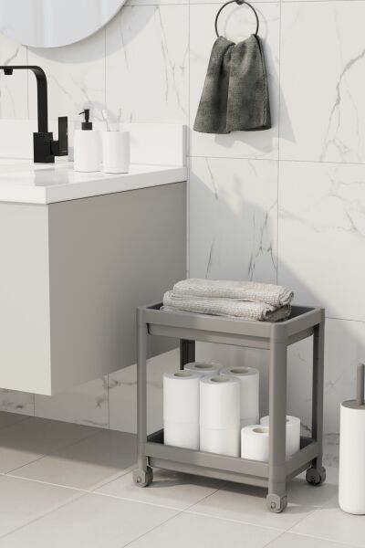 HOMENIVA 2 Katlı Tekerlekli Banyo Rafı, Tuvalet Kağıtlık, Havluluk, Deterjanlık, Makyaj Organizer Gri