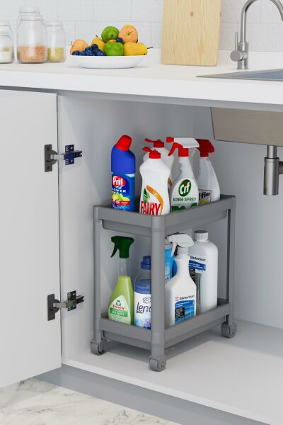 HOMENIVA 2 Katlı Tekerlekli Banyo Rafı, Tuvalet Kağıtlık, Havluluk, Deterjanlık, Makyaj Organizer Gri