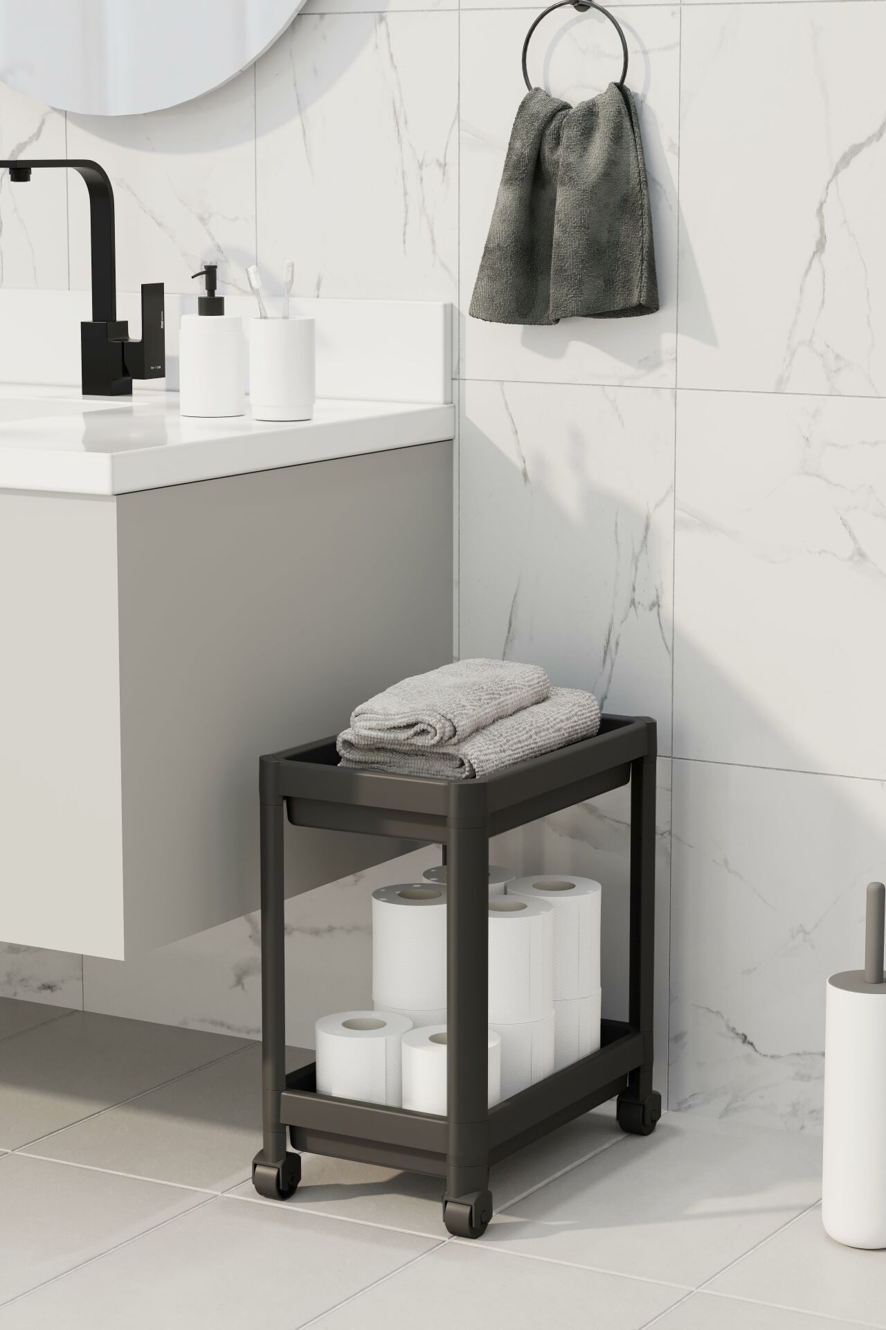 HOMENIVA 2 Katlı Tekerlekli Banyo Rafı, Tuvalet Kağıtlık, Havluluk, Deterjanlık, Makyaj Organizer Siyah
