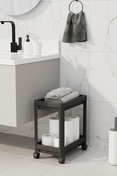HOMENIVA 2 Katlı Tekerlekli Banyo Rafı, Tuvalet Kağıtlık, Havluluk, Deterjanlık, Makyaj Organizer Siyah