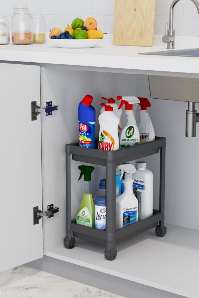 HOMENIVA 2 Katlı Tekerlekli Banyo Rafı, Tuvalet Kağıtlık, Havluluk, Deterjanlık, Makyaj Organizer Siyah