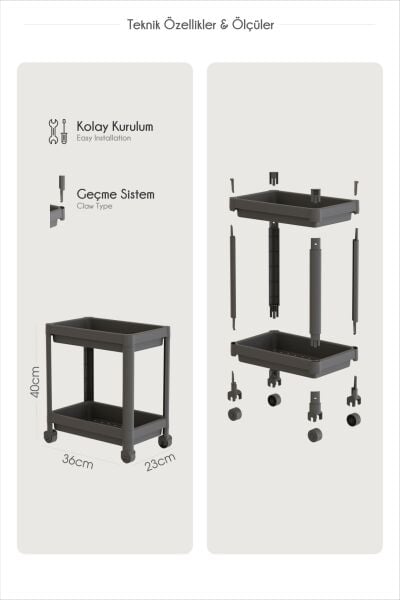 HOMENIVA 2 Katlı Tekerlekli Banyo Rafı, Tuvalet Kağıtlık, Havluluk, Deterjanlık, Makyaj Organizer Siyah
