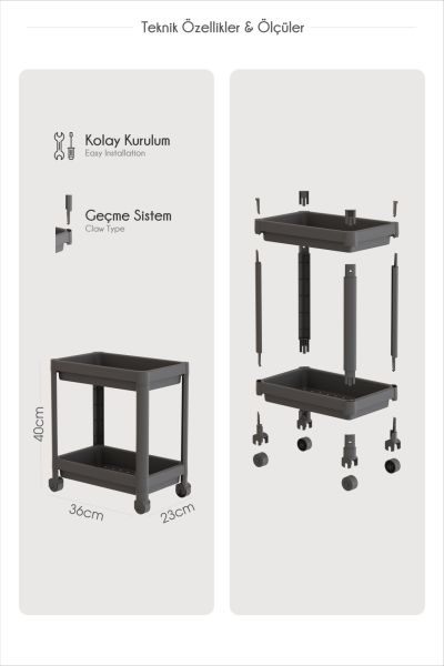 HOMENIVA 2 Katlı Tekerlekli Banyo Rafı, Tuvalet Kağıtlık, Havluluk, Deterjanlık, Makyaj Organizer Siyah
