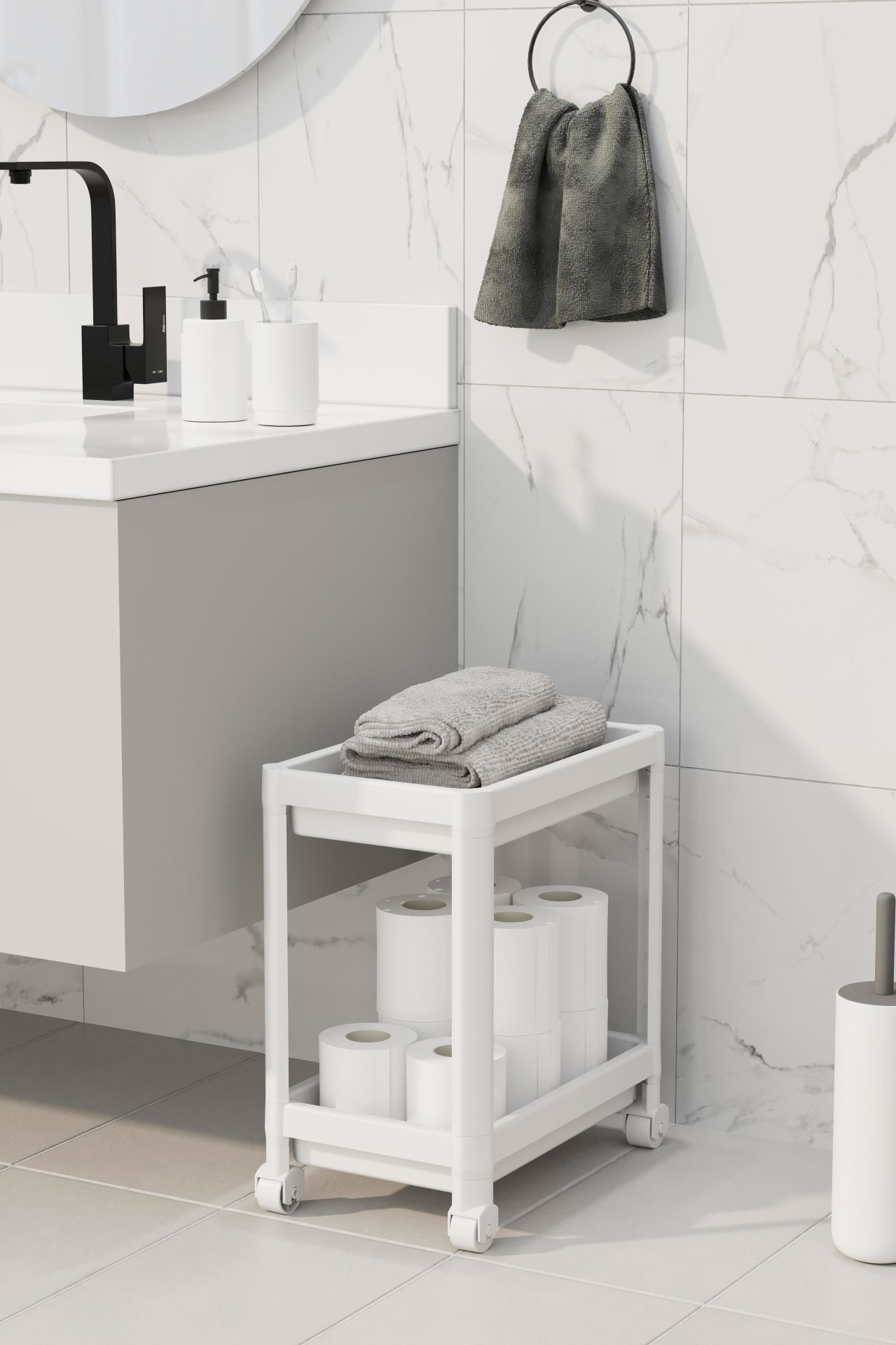 HOMENIVA 2 Katlı Tekerlekli Banyo Düzenleyici Raf, Deterjanlık, Mutfak Tezgah ve Evye Altı Beyaz