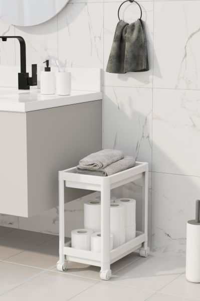 HOMENIVA 2 Katlı Tekerlekli Banyo Düzenleyici Raf, Deterjanlık, Mutfak Tezgah ve Evye Altı Beyaz