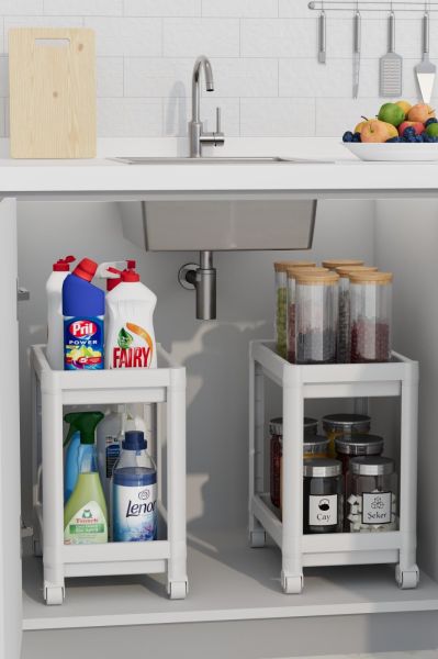 HOMENIVA 2 Katlı Tekerlekli Banyo Düzenleyici Raf, Deterjanlık, Mutfak Tezgah ve Evye Altı Beyaz