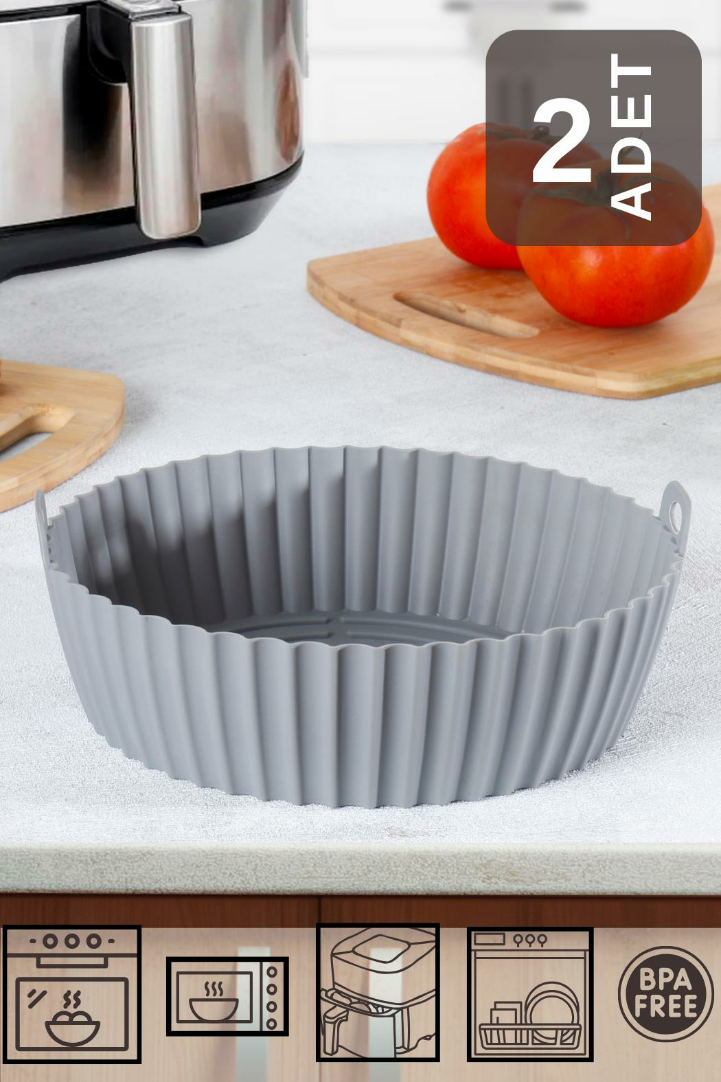 HOMENIVA 2 Adet Silikon Air Fryer Pişirme Kabı İthal - Tüm Cihazlara Uyumlu - Gri