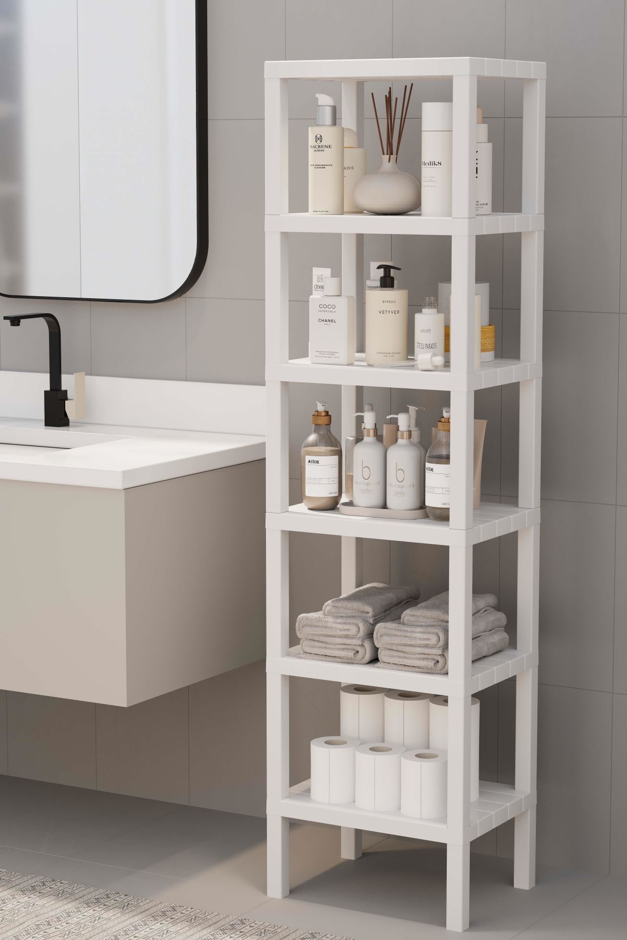 HOMENIVA 6 Katlı Ombeg Düzenleyici Banyo Rafı, Havluluk, Deterjanlık Makyaj Organizer Beyaz