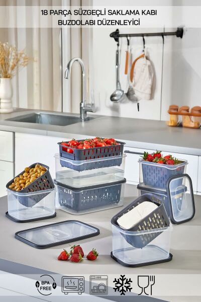 18 Parça Şeffaf Fresh Süzgeçli Buzdolabı Saklama Seti