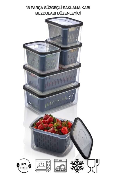 18 Parça Şeffaf Fresh Süzgeçli Buzdolabı Saklama Seti