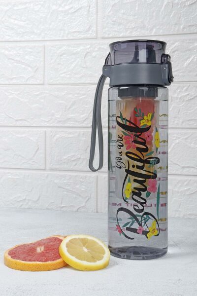 1 Adet Desenli Kilitli Kendiliğinden Süzgeçli Kolay Taşınabilir Detoks Sporcu Diyet Matarası 800 ML Siyah