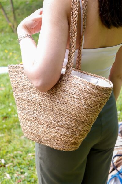 HOMENIVA Small Handmade Hasır Omuz Çantası – Hasır Plaj Çantası Naturel