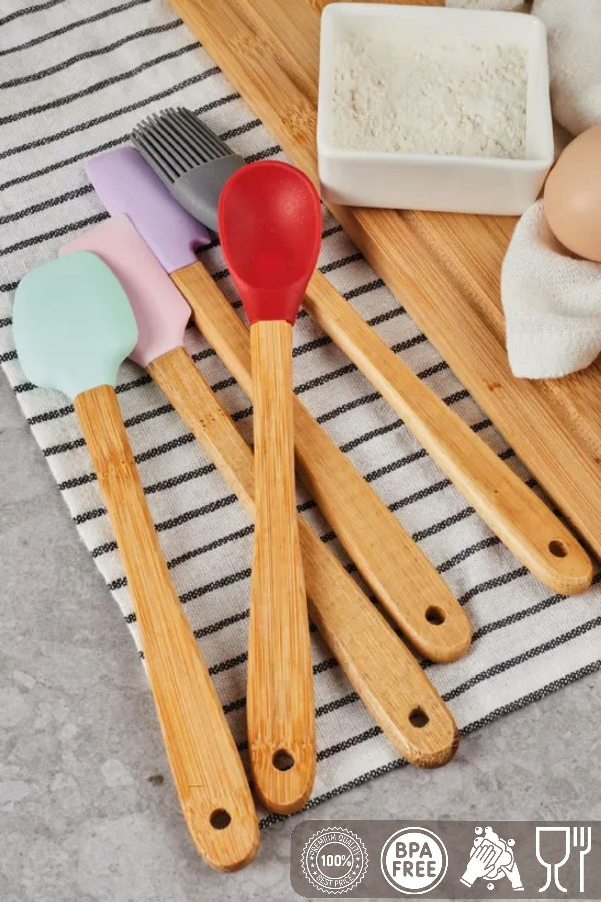 HOMENIVA 5 Parça Mini Silikon Spatula Kaşık Fırça Seti - High Quality - Bambu Saplı