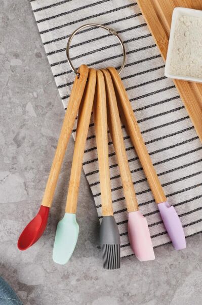 HOMENIVA 5 Parça Mini Silikon Spatula Kaşık Fırça Seti - High Quality - Bambu Saplı
