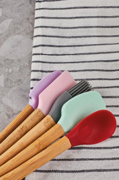 HOMENIVA 5 Parça Mini Silikon Spatula Kaşık Fırça Seti - High Quality - Bambu Saplı