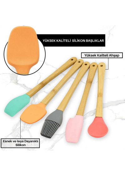 HOMENIVA 5 Parça Mini Silikon Spatula Kaşık Fırça Seti - High Quality - Bambu Saplı