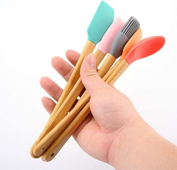 HOMENIVA 5 Parça Mini Silikon Spatula Kaşık Fırça Seti - High Quality - Bambu Saplı