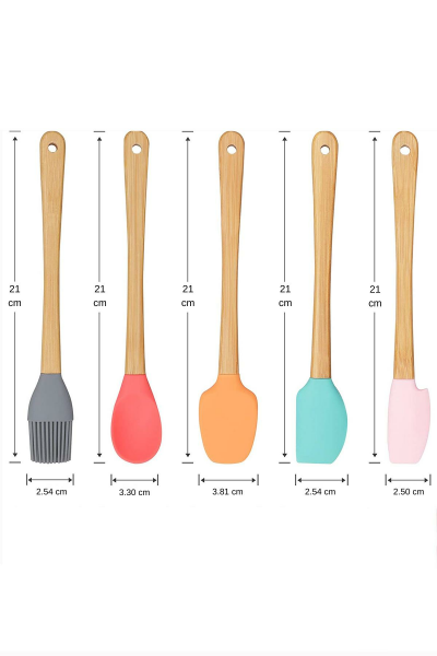 HOMENIVA 5 Parça Mini Silikon Spatula Kaşık Fırça Seti - High Quality - Bambu Saplı