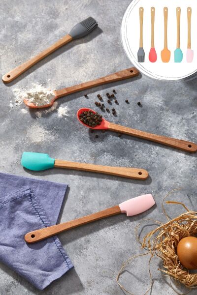 HOMENIVA 5 Parça Mini Silikon Spatula Kaşık Fırça Seti - High Quality - Bambu Saplı