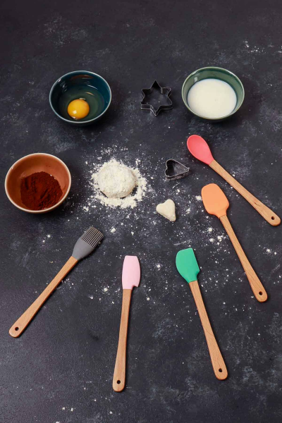 HOMENIVA 5 Parça Mini Silikon Spatula Kaşık Fırça Seti - High Quality - Bambu Saplı