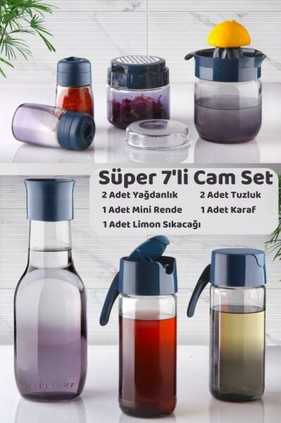 HOMENIVA Lacivert Rainbow 7 Parça Mutfak Seti – Karaf Sürahi Yağlık Rende Limon Sıkacağı Tuzluk