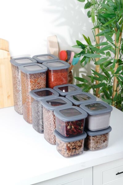 HOMENIVA 12'li Mega Set Kare Erzak Saklama Kabı - 4x 0,55lt 1,2 lt 1,75lt Antrasit