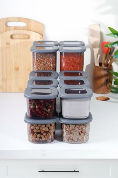 HOMENIVA 12'li Mega Set Kare Erzak Saklama Kabı - 4x 0,55lt 1,2 lt 1,75lt Antrasit