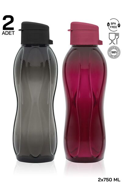 HOMENIVA 2’li Eco Şişe Suluk - Pratik Kapak Matara 2x 750 ml Siyah - Mor