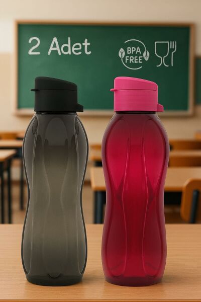 HOMENIVA 2’li Eco Şişe Suluk - Pratik Kapak Matara 2x 750 ml Siyah - Mor