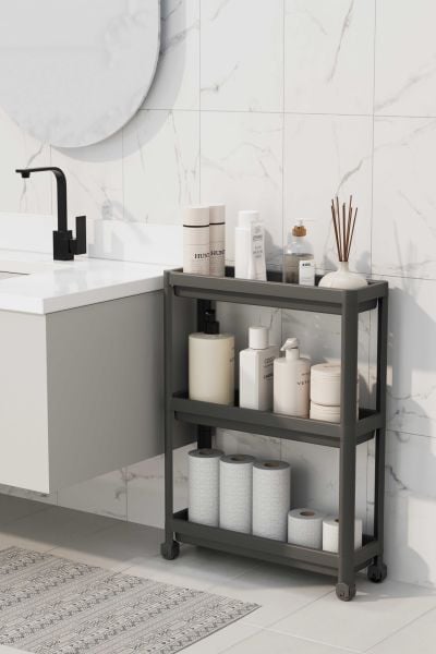 HOMENIVA Slim 3 Katlı Tekerlekli Banyo Rafı, Havluluk, Deterjanlık Makyaj Organizer Beyaz