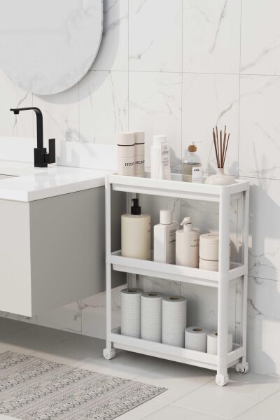 HOMENIVA Slim 3 Katlı Tekerlekli Banyo Rafı, Havluluk, Deterjanlık Makyaj Organizer Beyaz