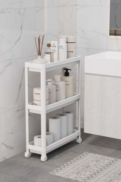 HOMENIVA Slim 3 Katlı Tekerlekli Banyo Rafı, Havluluk, Deterjanlık Makyaj Organizer Beyaz