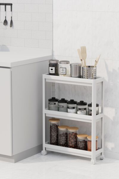 HOMENIVA Slim 3 Katlı Tekerlekli Banyo Rafı, Havluluk, Deterjanlık Makyaj Organizer Beyaz