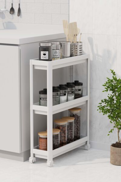 HOMENIVA Slim 3 Katlı Tekerlekli Banyo Rafı, Havluluk, Deterjanlık Makyaj Organizer Beyaz
