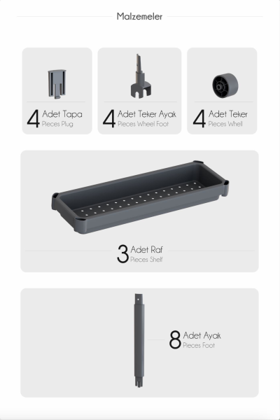 HOMENIVA Slim 3 Katlı Tekerlekli Banyo Rafı, Havluluk, Deterjanlık Makyaj Organizer Beyaz