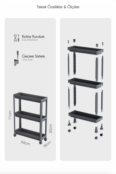 HOMENIVA Slim 3 Katlı Tekerlekli Banyo Rafı, Havluluk, Deterjanlık Makyaj Organizer Beyaz