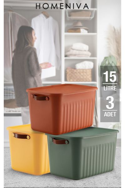 HOMENIVA 3 Adet Storage Box Mix 15 Lt Çok Amaçlı Düzenleyici Kapaklı Kutu, Dekoratif Saklama Kutusu