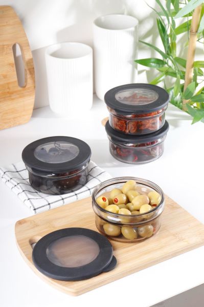 HOMENIVA 4 Adet Black Pearl Vakumlu Kapak Cam Saklama Kabı - Cam Kahvaltı Seti