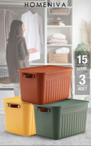 HOMENIVA 3 Adet Storage Box Mix 15 Lt Çok Amaçlı Düzenleyici Kapaklı Kutu, Dekoratif Saklama Kutusu Renkli