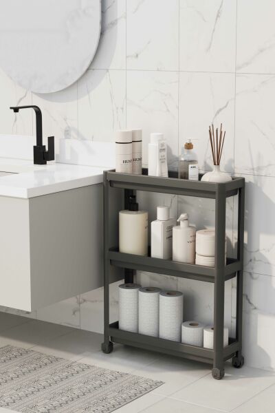 HOMENIVA Slim 3 Katlı Tekerlekli Banyo Rafı, Havluluk, Deterjanlık Makyaj Organizer Siyah