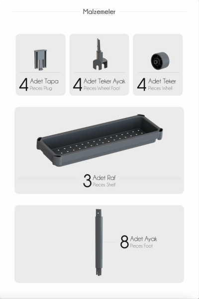 HOMENIVA Slim 3 Katlı Tekerlekli Banyo Rafı, Havluluk, Deterjanlık Makyaj Organizer Siyah