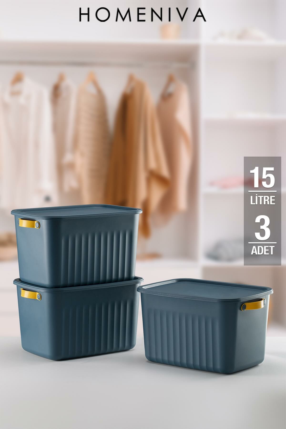 HOMENIVA 3 Adet Storage Box Mix 15 Lt Çok Amaçlı Düzenleyici Kapaklı Kutu, Dekoratif Saklama Kutusu Mavi