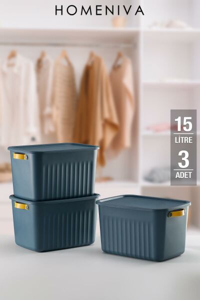 HOMENIVA 3 Adet Storage Box Mix 15 Lt Çok Amaçlı Düzenleyici Kapaklı Kutu, Dekoratif Saklama Kutusu Mavi