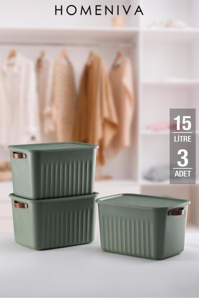 HOMENIVA 3 Adet Storage Box Mix 15 Lt Çok Amaçlı Düzenleyici Kapaklı Kutu, Dekoratif Saklama Kutusu Yeşil