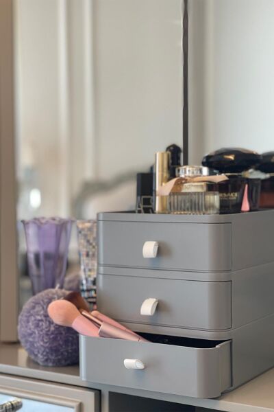 HOMENIVA Nivabox 3'lü Takı, Makyaj Ve Kozmetik Düzenleyici Çekmece, Ofis Masa Düzenleyici, GRİ