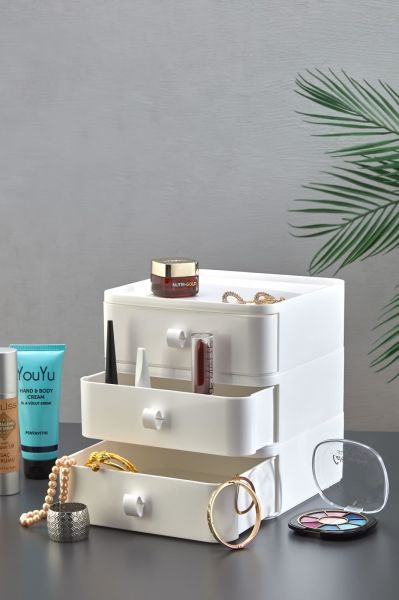 HOMENIVA Nivabox 3'lü Takı, Makyaj Ve Kozmetik Düzenleyici Çekmece, Ofis Masa Düzenleyici, BEYAZ