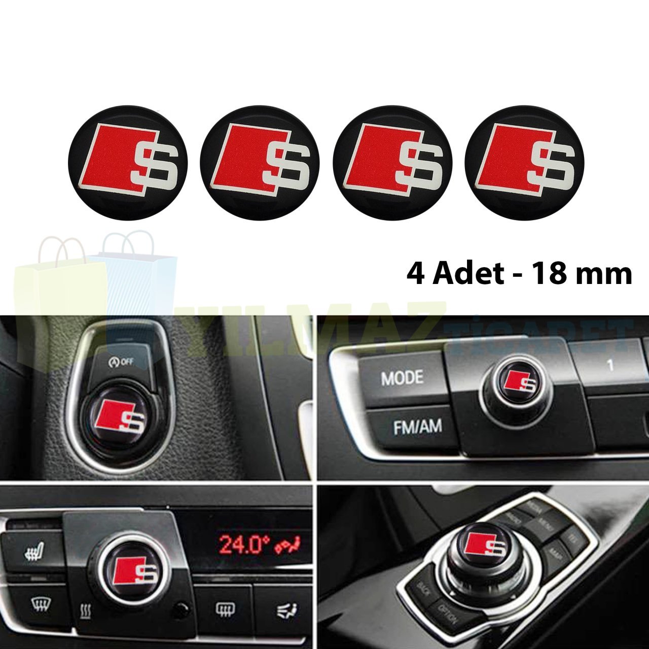 Audi S Logo Joystick Klima Teyp Düğme Damla Silikon Sticker Etiket Arma 4 Adet