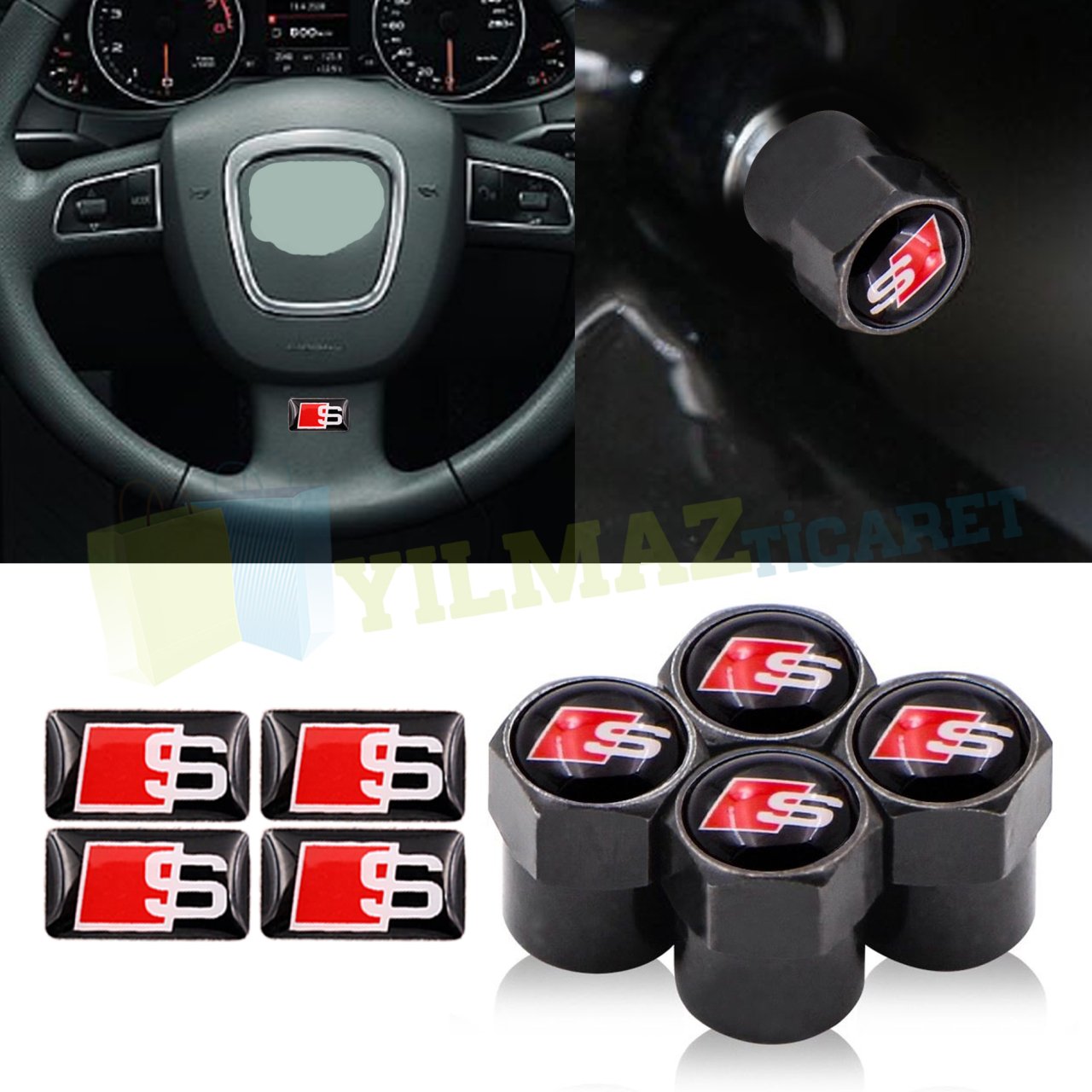Audi S Line Logo Sibop Kapağı Torpido Direksiyon Damla Oto Sticker 4+4 Adet