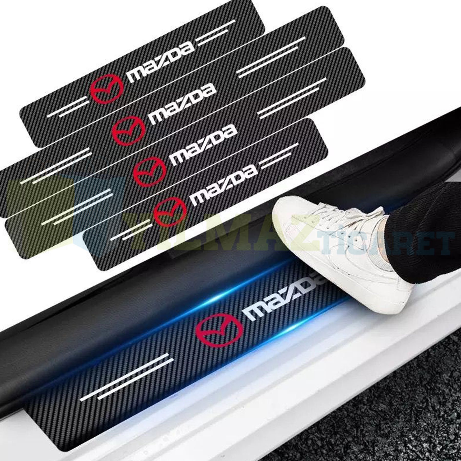 Mazda Logo Karbon Kapı Eşiği Oto Sticker Etiket Yapıştırma Çıkartma 4 Parça